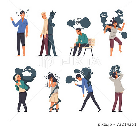 Mental disorder. Cartoon stressed people with psychology problems and personality traumas. Fears or panic attacks and addictions. Vector emotional states and behavior deviations set 72214251