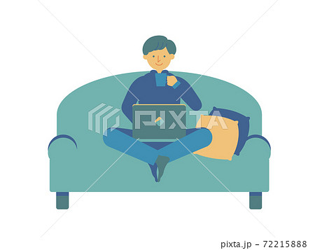 自宅でパソコンを使う男の子のイラスト シンプルカラー のイラスト素材