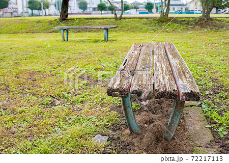 公園の芝生の上の木製のベンチの写真素材 72217113 Pixta