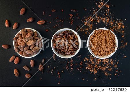 Cacao beans seeds, Cacao nibs and cacao powder. Cacao beans seeds, Cacao nibs and cacao powder. 72217620