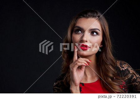 Closeup woman in red dress and red lips makeup looking away Closeup woman in red dress and red lips makeup looking away 72220391
