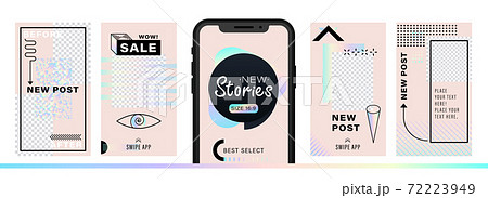 Set of abstract trendy design for stories with dispersion effect. Editable template for social networks stories. For create trendy stories, sales, poster, new posts in memphis and hipster style. Set of abstract trendy design for stories with dispersion effect. Editable template for social networks stories. For create trendy stories, sales, poster, new posts in memphis and hipster style. 72223949