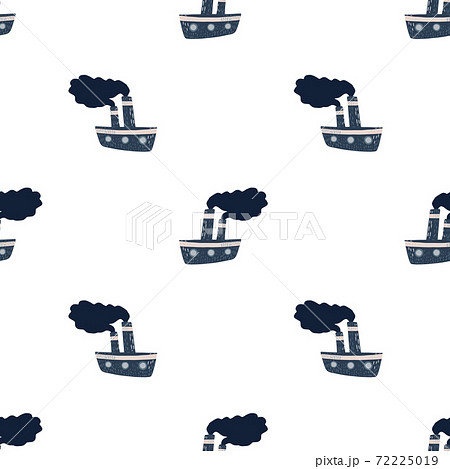 Isolated seamless doodle pattern with navy blue steamship silhouettes. White background. 72225019
