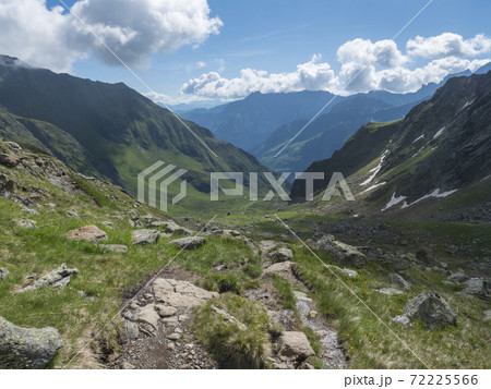 Beutiful green summer alpine mountain valley with winding river spring stream. Stubai hiking trail, Stubai Hohenweg at Tyrol, Austrian Alps Beutiful green summer alpine mountain valley with winding river spring stream. Stubai hiking trail, Stubai Hohenweg at Tyrol, Austrian Alps 72225566