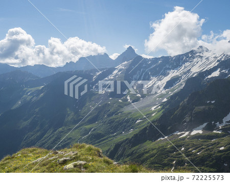 view on snow-capped moutains and green valley with winding spring stream at Stubai hiking trail, Stubai Hohenweg, Alpine landscape of Tyrol, Stubai Alps, Austria. Summer blue sky view on snow-capped moutains and green valley with winding spring stream at Stubai hiking trail, Stubai Hohenweg, Alpine landscape of Tyrol, Stubai Alps, Austria. Summer blue sky 72225573