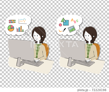 パソコン おしゃれでかわいい女性 バリエーションのセットのイラスト素材