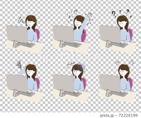 パソコン おしゃれでかわいい女性 表情バリエーションのセットのイラスト素材 パソコン おしゃれでかわいい女性 表情バリエーションのセットのイラスト素材