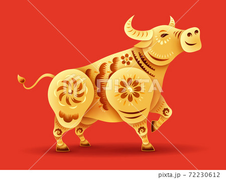 Oriental paper graphic cut art of golden ox symbol with floral pattern on red background . Isolated. Oriental paper graphic cut art of golden ox symbol with floral pattern on red background . Isolated. 72230612