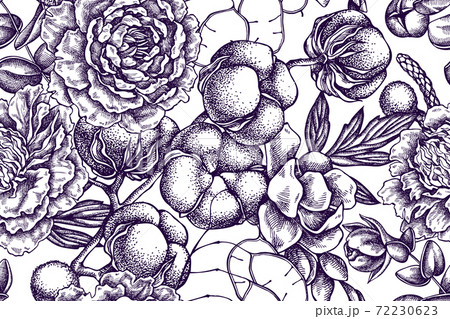 Artistic seamless pattern with ficus, eucalyptus, peony, cotton, freesia, brunia Artistic seamless pattern with ficus, eucalyptus, peony, cotton, freesia, brunia 72230623