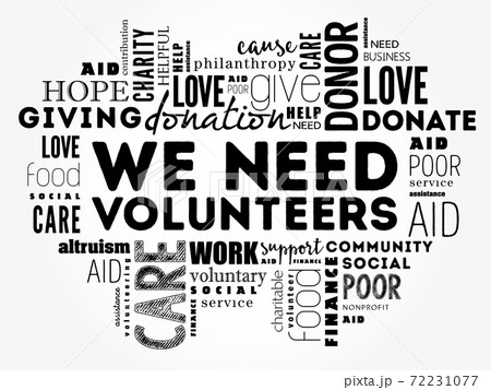 WE NEED VOLUNTEERS word cloud collage, social concept 72231077