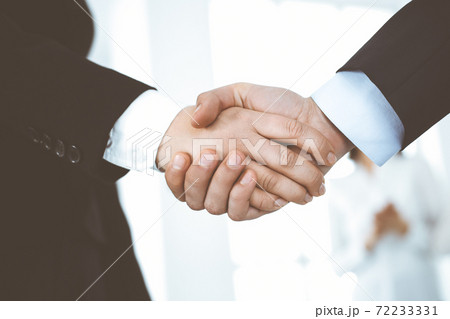 Businessman and woman shaking hands in office. Concept of handshake as success symbol in business Businessman and woman shaking hands in office. Concept of handshake as success symbol in business 72233331