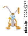 A soft toy hare with a flower and in a medical mask with the inscription visitor. White background. Humor. Mockery. Isolate. 72234377