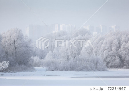 Winter landscape on a river with tree in frost and city Winter landscape on a river with tree in frost and city 72234967
