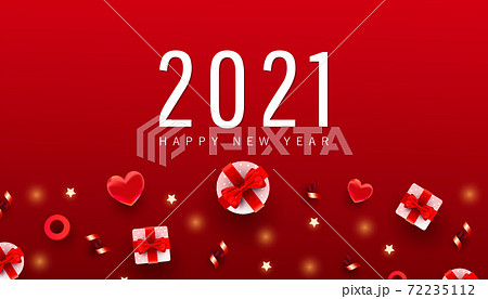 2021 Happy New Year and Merry Christmas minimal banner. Xmas gifts box, circles objects on gradient red background with place for text. Flat lay, top view. 2021 Happy New Year and Merry Christmas minimal banner. Xmas gifts box, circles objects on gradient red background with place for text. Flat lay, top view. 72235112