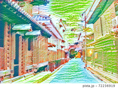 鞆の浦への小路 クレヨン画のイラスト素材