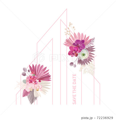 Wedding dried palm leaves, orchid, pampas grass floral wreath. Vector Exotic dried flowers boho invitation card 72236929