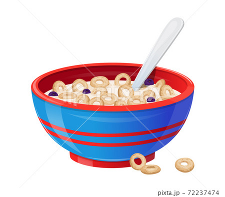 Breakfast with Cereals, Natural Berries and Milk in Ceramic Bowl, Healthy Food Concept. Soup Plate Full of Flakes Rings Breakfast with Cereals, Natural Berries and Milk in Ceramic Bowl, Healthy Food Concept. Soup Plate Full of Flakes Rings 72237474
