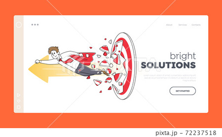 Goal Achievement and Career Boost Landing Page Template. Businessman in Super Hero Cloak Punch Through Huge Target Goal Achievement and Career Boost Landing Page Template. Businessman in Super Hero Cloak Punch Through Huge Target 72237518