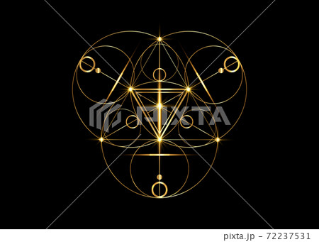 Magic Alchemy symbols, Sacred Geometry. Mandala religion, philosophy, spirituality, occultism concept. Golden triangle with lines and overlapping circles, print vector logo isolated black background  72237531