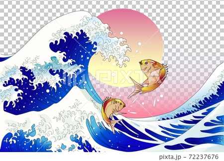 New Year's illustration material_sea bream, waves and sunrise 72237676