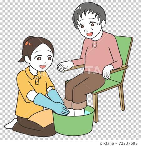 高齢女性の足浴 女性介護士のイラスト素材