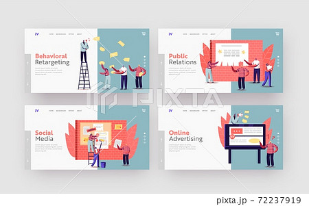 Advertising Placement Landing Page Template Set. Tiny Characters Sticking Papers with Ads and Announcement 72237919