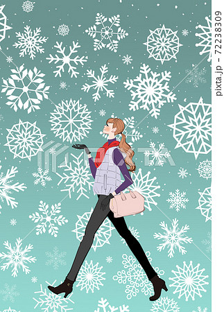 冬 雪の中を歩くマフラーとダウンジャケットを着た女性のイラストのイラスト素材