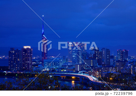 愛宕神社より夕暮れの福岡タワーを望む　夜景 72239796