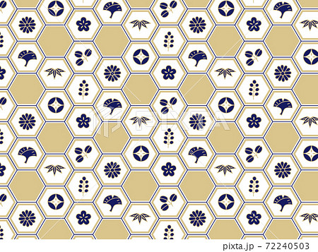 和風シームレスパターン 紺と金の亀甲文様のイラスト素材