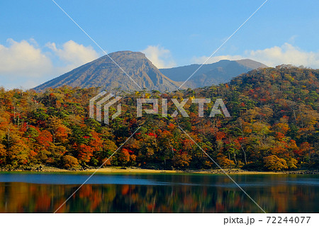 湖に反面する鮮やかな霧島の紅葉樹の写真素材 72244077 Pixta