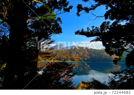 森の奥に見える霧島の美しい紅葉の姿 72244083
