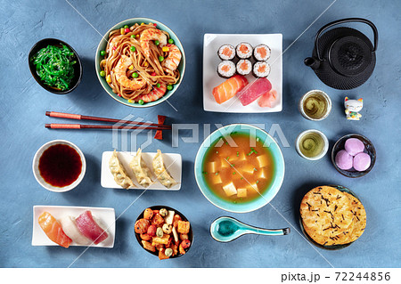 Japanese Food, Sushi, udon, miso soup, tea, mochi etc, overhead flat lay shot 72244856