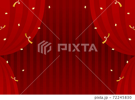 赤色のカーテンの背景素材 金色の紙吹雪が舞う 劇場のステージにある緞帳のような背景イラスト のイラスト素材