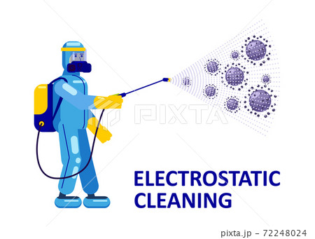 Electrostatic Disinfection Cleaning service. Man dressed in uniform in a special suit with equipment with electrostatic spray conducts disinfection 72248024