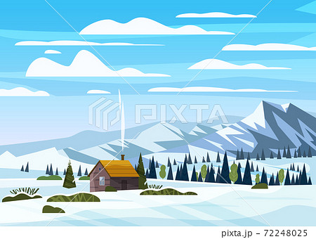 Winter mountains snow landscape panorama, pines ate, hills lonely building, field. Vector illustration card, poster, banner template 72248025