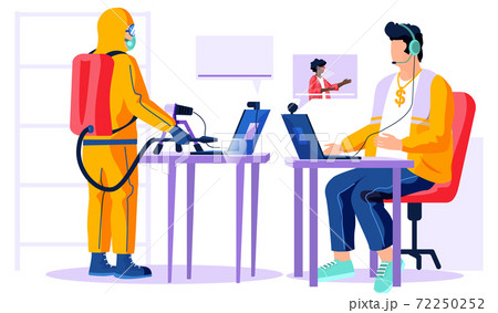 Male character in chemical protection suit cleans surface. Guy with headphones watching video Male character in chemical protection suit cleans surface. Guy with headphones watching video 72250252