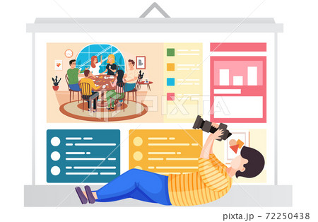 Guy lies and takes pictures of poster with an image. Friends at the table are playing a board game 72250438