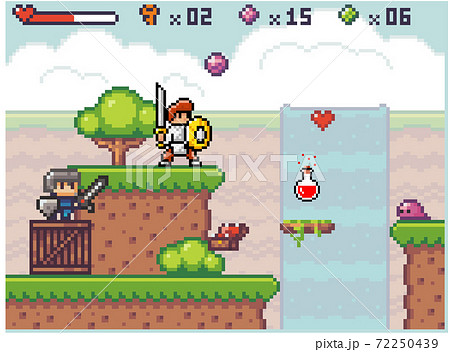 Pixel game interface. Knight wear armor is holding sword in his hands. Heroes go to the goal Pixel game interface. Knight wear armor is holding sword in his hands. Heroes go to the goal 72250439