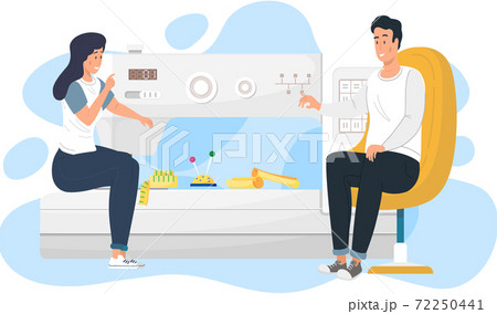 Concept of tailoring fashionable cloth. Work with sewing machine. Couple communicates while working 72250441