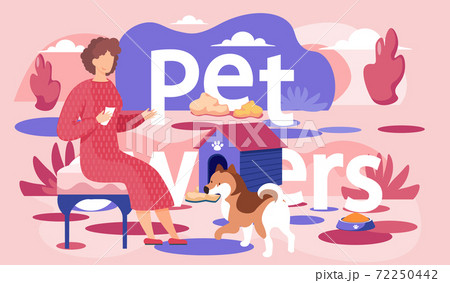 A woman in a red dress sitting on a bench looking at a dog. Female in the park is resting with a pet A woman in a red dress sitting on a bench looking at a dog. Female in the park is resting with a pet 72250442
