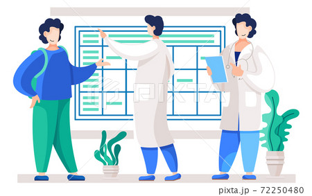 Man in a white coat reads from a sheet of paper. Guys communicate and look at the work plan 72250480