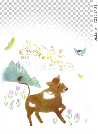丑年年賀状 野原を駆ける若い牛と 見守るメジロとシジュウカラ Happy New Year筆記体 のイラスト素材