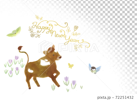 <Ox New Year's card> A young cow running in the field, a white-eye and a great tit watching over (horizontal, Happy New Yea characters) <Ox New Year's card> A young cow running in the field, a white-eye and a great tit watching over (horizontal, Happy New Yea characters) 72251432