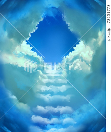 天国へ続く雲の階段と青い空と降り注ぐ太陽光の背景画のイラスト素材