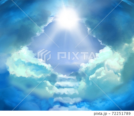 天国へ続く雲の階段と青い空と降り注ぐ太陽光の背景画のイラスト素材