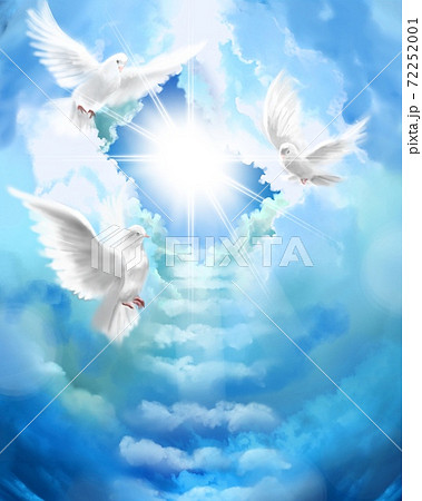 天国へ続く雲の階段と青い空と降り注ぐ太陽光の回りを飛ぶ三羽の白い鳩の背景画のイラスト素材