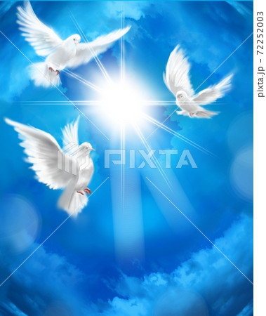 天国へ続く雲の階段と青い空と降り注ぐ太陽光の回りを飛ぶ三羽の白い鳩の背景画のイラスト素材