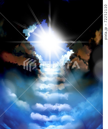 天国へ続く雲の階段と黒雲と青い空と降り注ぐ太陽光の背景画のイラスト素材