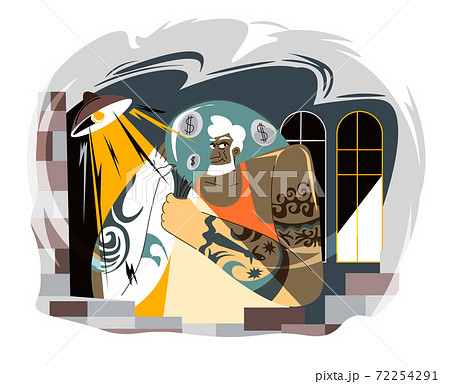 Criminal man counting stolen money at night vector Criminal man counting stolen money at night vector 72254291