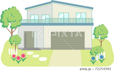大きなガレージのある青い屋根の庭付き一戸建て住宅のイラスト素材